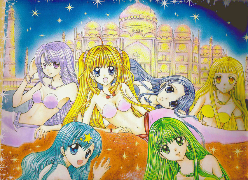 :d adjusting_hair ahoge armlet bangs bikini_top blonde_hair blue_eyes blue_hair blunt_bangs bracelet breasts caren_(mermaid_melody_pichi_pichi_pitch) castle cleavage coco_(mermaid_melody_pichi_pichi_pitch) earrings everyone green_eyes green_hair hair_intakes hair_ornament hanamori_pink head_tilt houshou_hanon jewelry long_hair lying medium_breasts mermaid mermaid_melody_pichi_pichi_pitch midriff monster_girl multiple_girls nail_polish nanami_lucia narrow_waist navel necklace night night_sky noel_(mermaid_melody_pichi_pichi_pitch) official_art on_side open_mouth outdoors pendant purple_eyes purple_hair reclining rock scrunchie sitting sky smile sparkle star star_hair_ornament touin_rina very_long_hair yellow_eyes