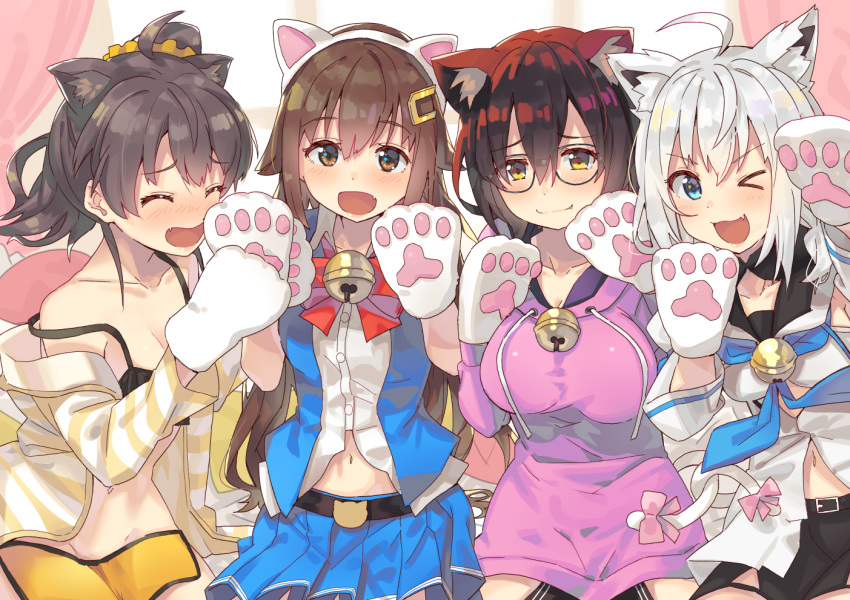 animal_ears aqua_eyes bell black_hair blush bow bra breasts brown_eyes brown_hair cat_smile catgirl cleavage dress fang glasses gloves gray_hair group hololive natsuiro_matsuri navel open_shirt roboco-san roboco_ch. shirakami_fubuki short_hair tail tokino_sora tokino_sora_channel tonari_no_kai_keruberosu underwear wink yellow_eyes