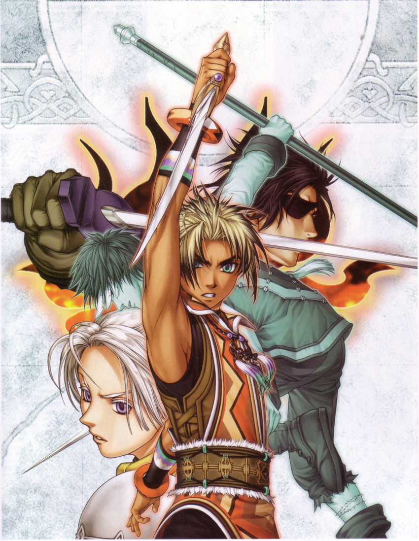 3boys angry aqua_eyes arm_up armor armpits belt bent_over black_hair blonde_hair boots bracelet chris_lightfellow clenched_teeth detached_sleeves eyepatch feathers fighting_stance fire flame_champion fur_trim geddoe gensou_suikoden gensou_suikoden_iii gloves highres hugo_(suikoden_iii) ishikawa_fumi jewelry knife multiple_boys necklace official_art pendant purple_eyes short_hair silver_hair spiked_hair staff sword tan teeth torn_clothes weapon