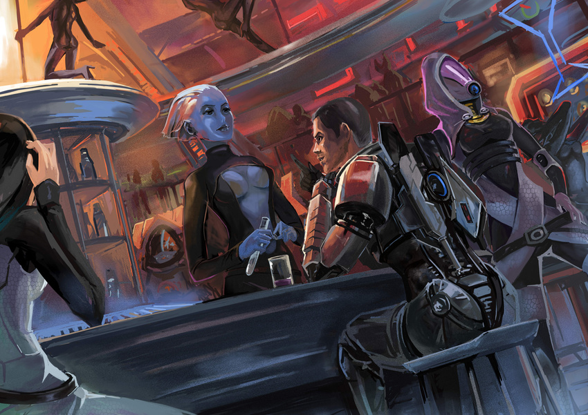 5girls alcohol alien asari bar blue_skin breasts center_opening cleavage commander_shepard commander_shepard_(male) dutch_angle error highres krogan mass_effect mass_effect_2 medium_breasts miranda_lawson multiple_girls n7_armor no_bra quarian smile streamingsun tali'zorah