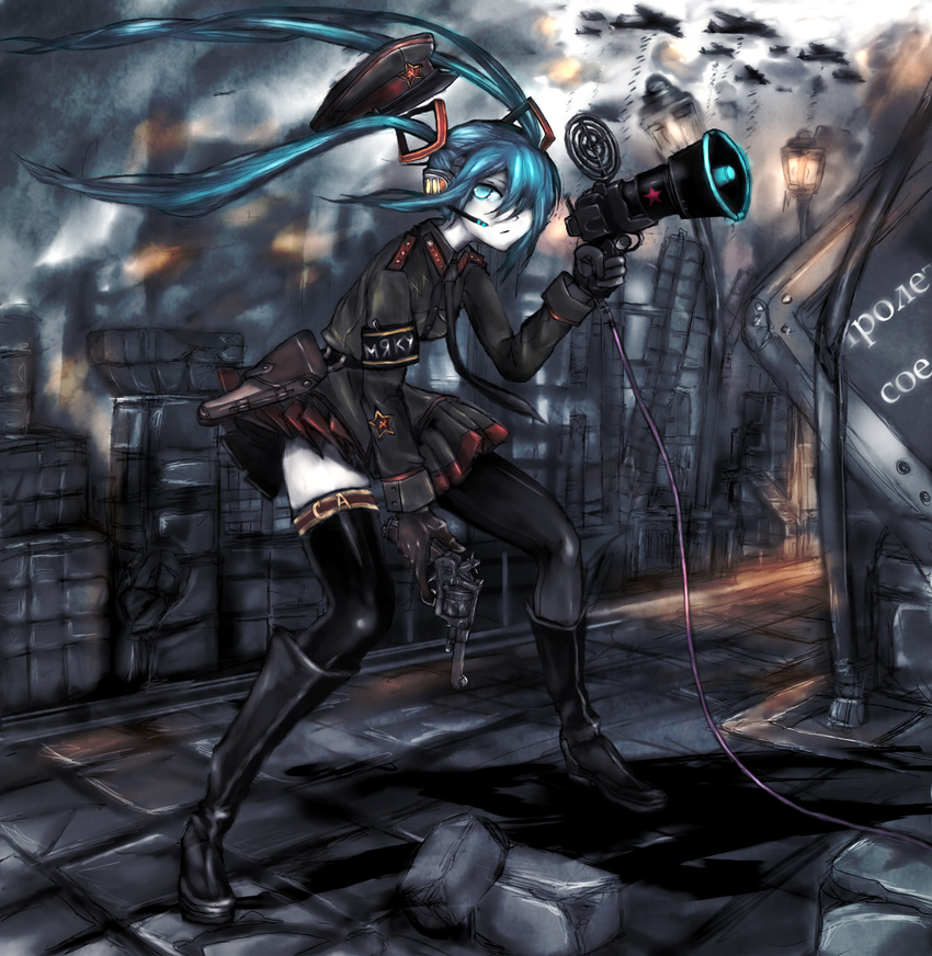 aircraft airplane aqua_eyes bomb bomber boots communism cyrillic gloves gun handgun hat hatsune_miku headphones headset holster koi_wa_sensou_(vocaloid) long_hair megaphone military military_uniform military_vehicle nagant_m1895 necktie panzer peaked_cap revolver russian skirt solo soviet thighhighs twintails uniform very_long_hair vocaloid weapon zettai_ryouiki