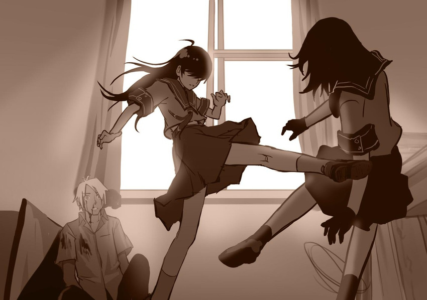 2girls ahoge as109 bad_id bad_pixiv_id battle blood denpa_teki_na_kanojo duel gloves hair_over_eyes injury juuzawa_juu kicking monochrome multiple_girls ochibana_ame rescue satsuki_miya school_uniform sepia spoilers wire