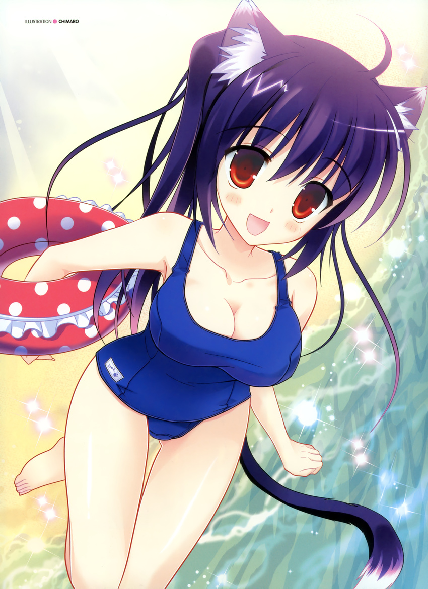 absurdres animal_ears barefoot blush breasts cat_ears chimaro cleavage copyright_request highres innertube large_breasts one-piece_swimsuit open_mouth red_eyes school_swimsuit solo swimsuit tail