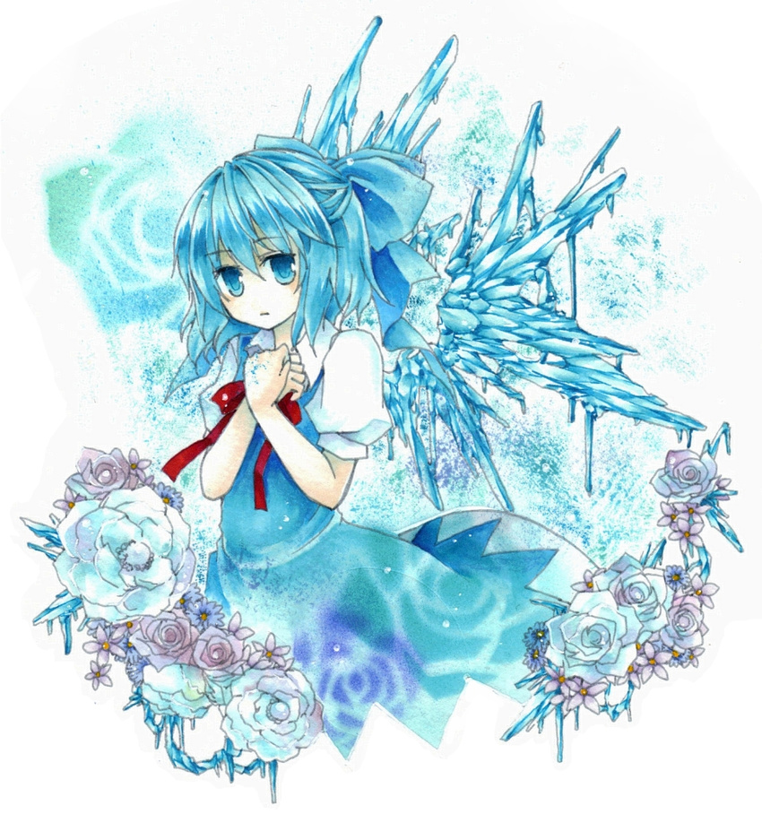 blue_eyes blue_hair cirno flower ice momoiro solo touhou wings