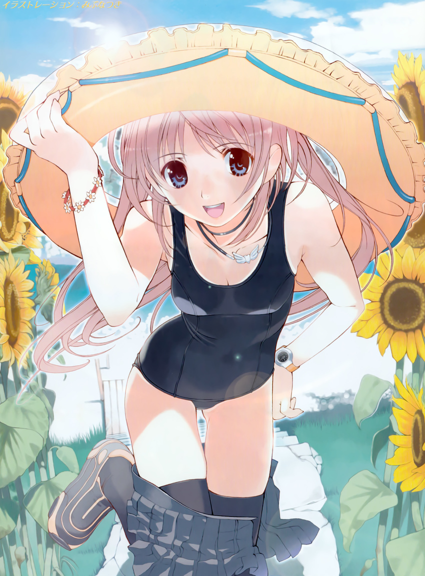 black_legwear blue_eyes bracelet breasts brown_hair cleavage day flower flower_bracelet hand_on_hip highres innertube jewelry leaning long_hair medium_breasts mibu_natsuki necklace one-piece_swimsuit open_mouth original school_swimsuit skirt skirt_pull sky smile solo sunflower swimsuit thighhighs twintails undressing watch wristwatch