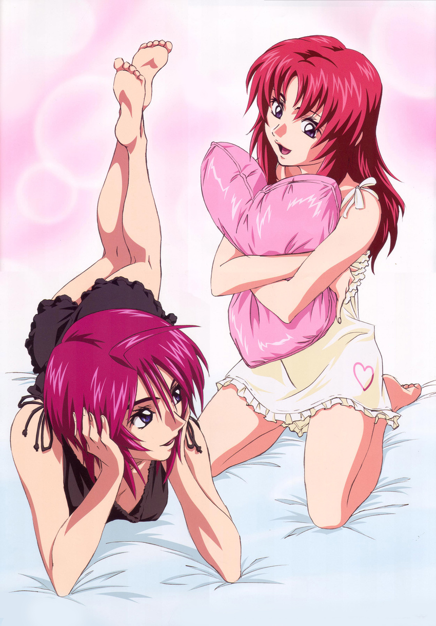 absurdres ahoge arm_support barefoot bed bed_sheet chemise chin_rest feet frills gundam gundam_seed gundam_seed_destiny happy heart highres kneeling kneepits legs_up lingerie long_hair lunamaria_hawke lying meyrin_hawke morishita_hiromitsu multiple_girls nightgown on_stomach pajamas pillow pillow_hug pink_hair purple_eyes red_hair seiza short_hair siblings sisters sitting smile soles underwear