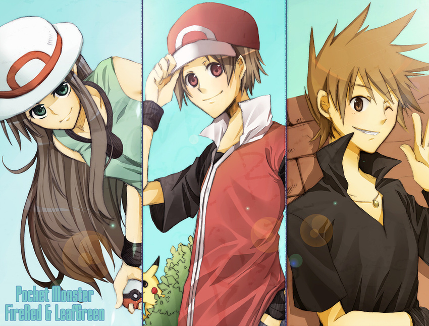 2boys alternate_costume bad_id bad_pixiv_id bare_shoulders baseball_cap blue_(pokemon) blue_eyes brown_eyes brown_hair column_lineup english gen_1_pokemon grin happy hat hat_tip holding holding_poke_ball jewelry leaning_forward lens_flare long_hair multiple_boys nauchi necklace one_eye_closed ookido_green pikachu poke_ball pokemon pokemon_(creature) pokemon_(game) pokemon_frlg popped_collar porkpie_hat red_(pokemon) red_(pokemon_frlg) red_eyes smile spiked_hair wristband