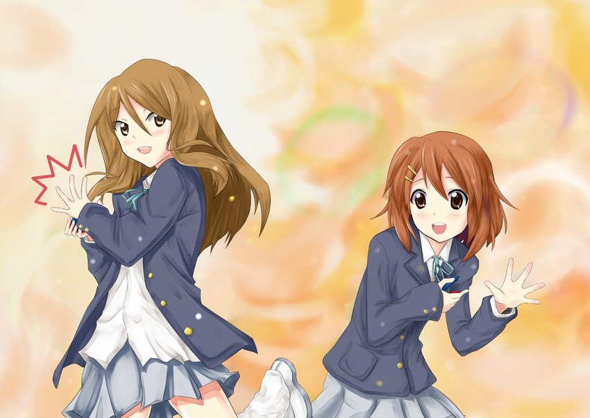 brown_eyes brown_hair castanets dancing extra hirasawa_yui instrument k-on! long_hair loose_socks mitsuki_shion multiple_girls school_uniform short_hair socks tachibana_himeko un_tan