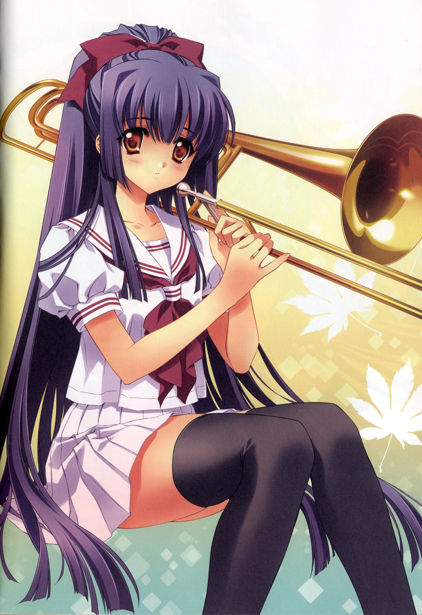 carnelian error highres instrument kao_no_nai_tsuki kuraki_suzuna long_hair ponytail purple_hair school_uniform solo thighhighs trombone very_long_hair