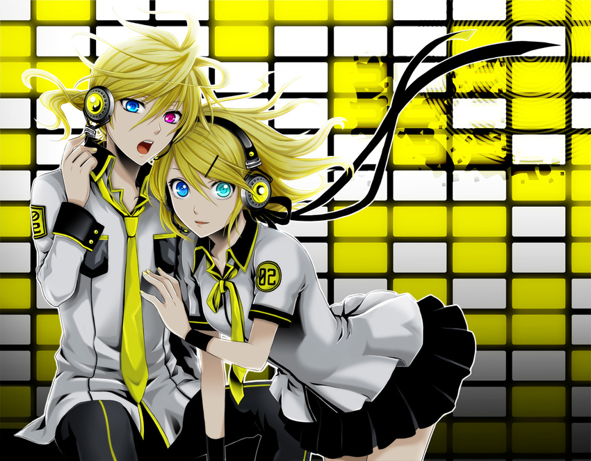 1girl aqua_eyes blonde_hair blue_eyes brother_and_sister hair_ornament hairclip headphones headset heterochromia kagamine_len kagamine_rin necktie pink_eyes short_hair siblings skirt twins vocaloid wool_(kurokrkr) yellow_neckwear