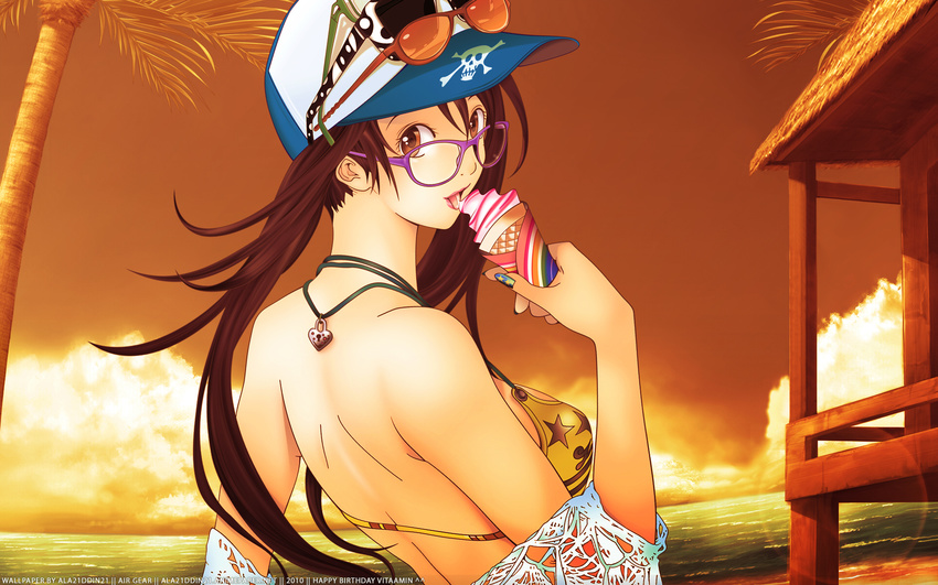 1920x1200 air_gear baseball_cap beach bikini bra breasts brown_eyes brown_hair bungalow cloud clouds eating female fingernails fishnet_shirt food glasses hat highres ice_cream icecream jewelry lingerie long_hair looking_at_viewer looking_back multiple_glasses nail_polish nature necklace noyamano_ringo ocean oh!_great oh_great oogure_ito open_mouth outdoors painted_fingernails palm_tree raised_hand sea sky smile solo standing sunglasses sunset swimsuit tongue tree twintails underwear wallpaper