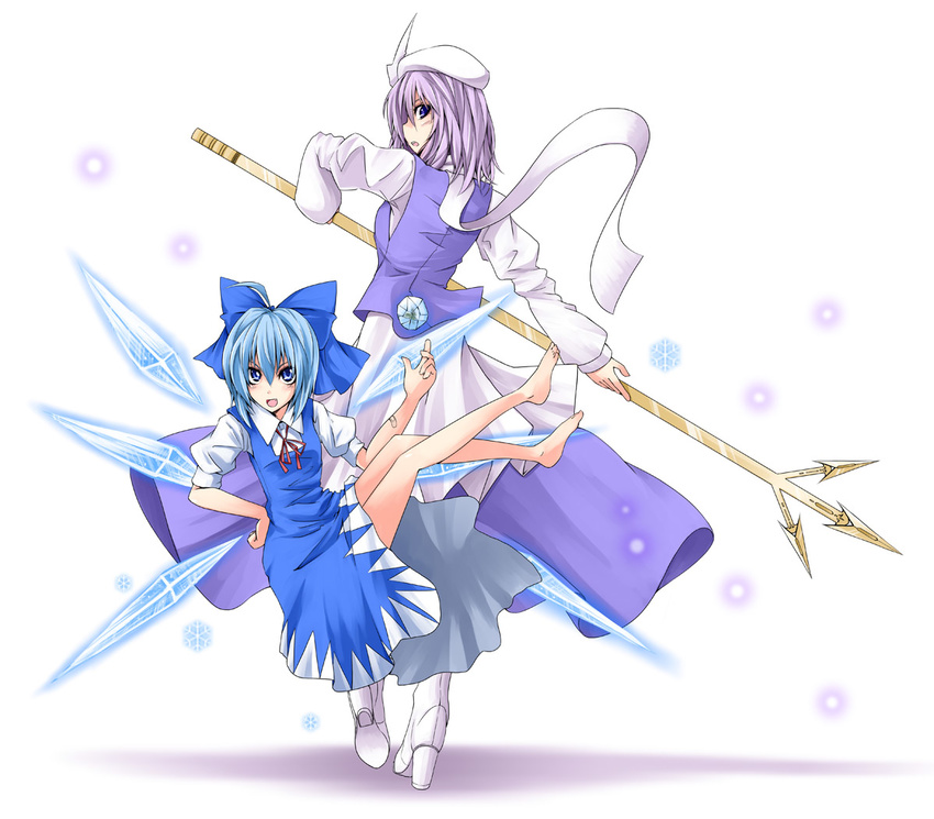 blue_hair boots cirno hat high_heels iseki_mitsuharu letty_whiterock multiple_girls polearm shoes snowflakes touhou trident weapon