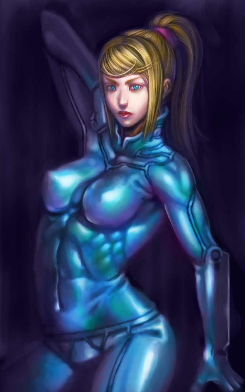 1girl abs bangs blonde_hair blue_eyes bodysuit breasts female highres lipstick long_hair makeup metroid muscle pontako ponytail samus_aran solo zero_suit