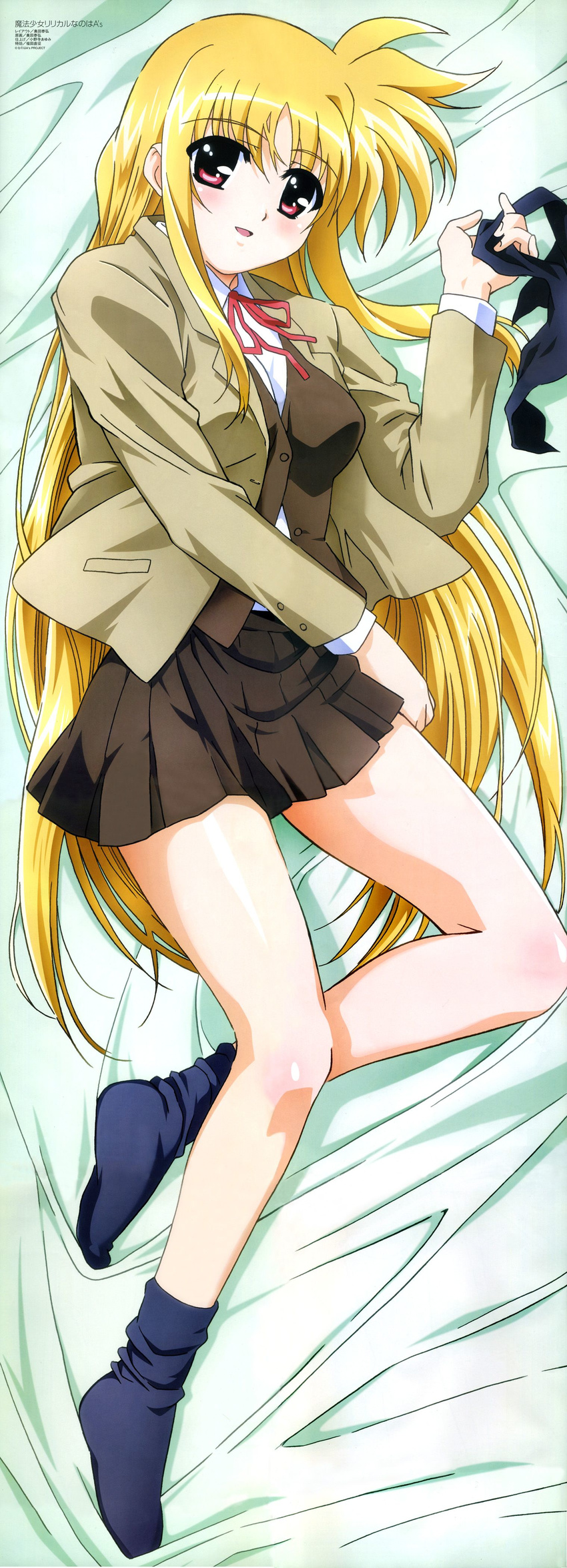 absurdres bed black_legwear blonde_hair blush duplicate fate_testarossa highres long_hair long_sleeves lyrical_nanoha mahou_shoujo_lyrical_nanoha mahou_shoujo_lyrical_nanoha_a's megami okuda_yasuhiro pleated_skirt red_eyes school_uniform seishou_middle_school_uniform skirt socks solo very_long_hair