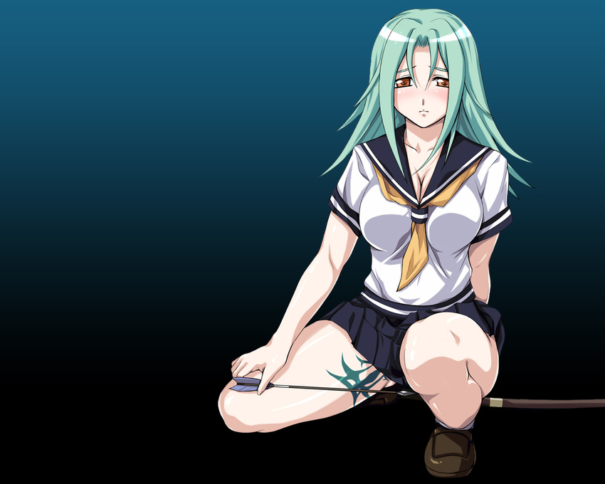 aqua_hair arm_behind_back arrow bangs black_background blue_background blush boukyaku_no_senritsu bow_(weapon) breasts cleavage embarrassed full_body gradient gradient_background hair_between_eyes hand_on_thigh large_breasts loafers looking_at_viewer miniskirt necktie non-web_source orange_eyes parted_bangs pleated_skirt school_uniform serafuku shirt shoes skirt socks solo spread_legs squatting tattoo thick_thighs thighs toone_requiem wallpaper weapon zundarepon