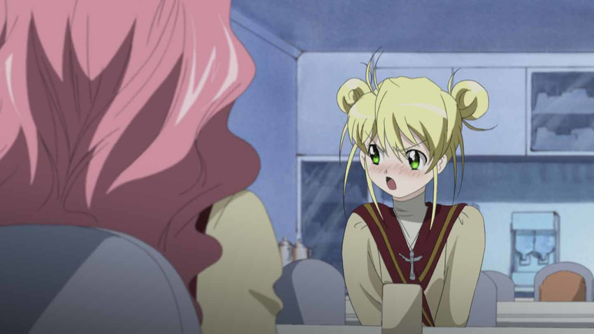:o aeru blonde_hair blush cross cross_necklace cup double_bun indoors jewelry long_sleeves looking_away multiple_girls necklace neviril open_mouth screencap short_hair simoun solo_focus table upper_body v-shaped_eyebrows