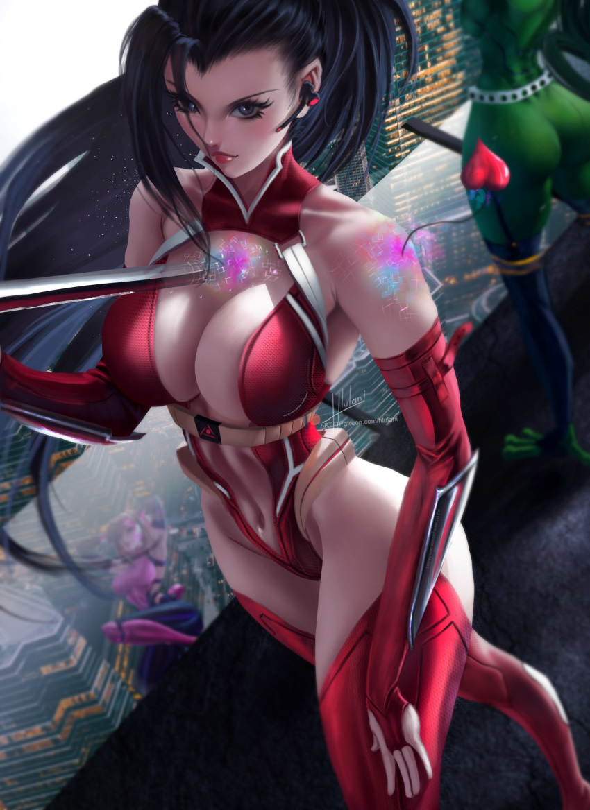 3girls absurdres arm_guards ass asui_tsuyu bangs bare_shoulders black_hair bodysuit boku_no_hero_academia breasts brown_hair building city cityscape cleavage commentary elbow_gloves english_commentary frog_girl gloves green_bodysuit grey_eyes highres hips hlulani large_breasts leotard looking_at_viewer multicolored multicolored_bodysuit multicolored_clothes multiple_girls navel older outdoors partly_fingerless_gloves ponytail red_bodysuit red_lips rooftop short_hair skin_tight skyscraper thighhighs thighs uraraka_ochako yaoyorozu_momo