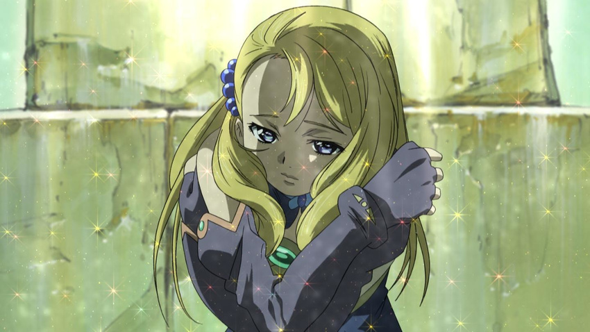 against_wall blonde_hair closed_mouth embarrassed expressionless green_eyes hair_bobbles hair_ornament long_hair long_sleeves screencap simoun solo sparkle stone_wall wall yun_(simoun)