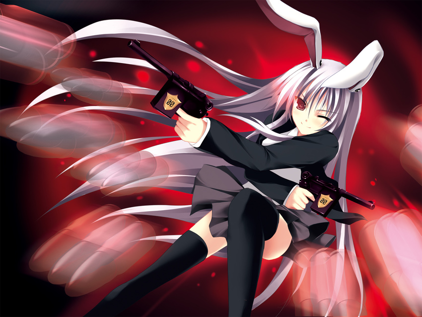 animal_ears bunny_ears danmaku dual_wielding gun handgun highres holding long_sleeves mauser_c96 pistol purple_hair red_eyes reisen_udongein_inaba skirt solo tateha_(marvelous_grace) thighhighs touhou weapon