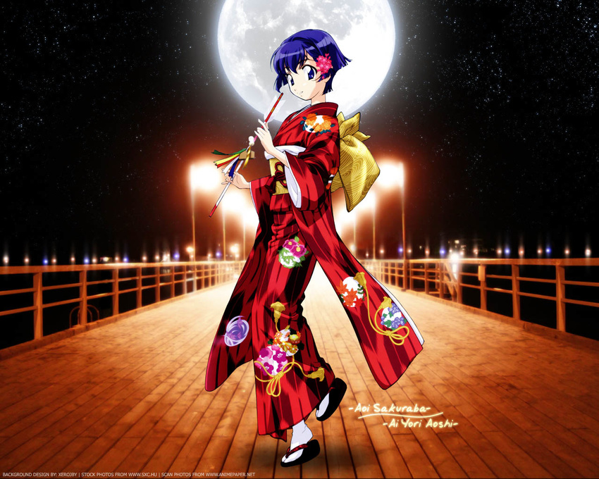 ai_yori_aoshi artist_request japanese_clothes kimono long_sleeves moon night pier purple_eyes purple_hair red_kimono sakuraba_aoi sky smile solo star wallpaper yukata