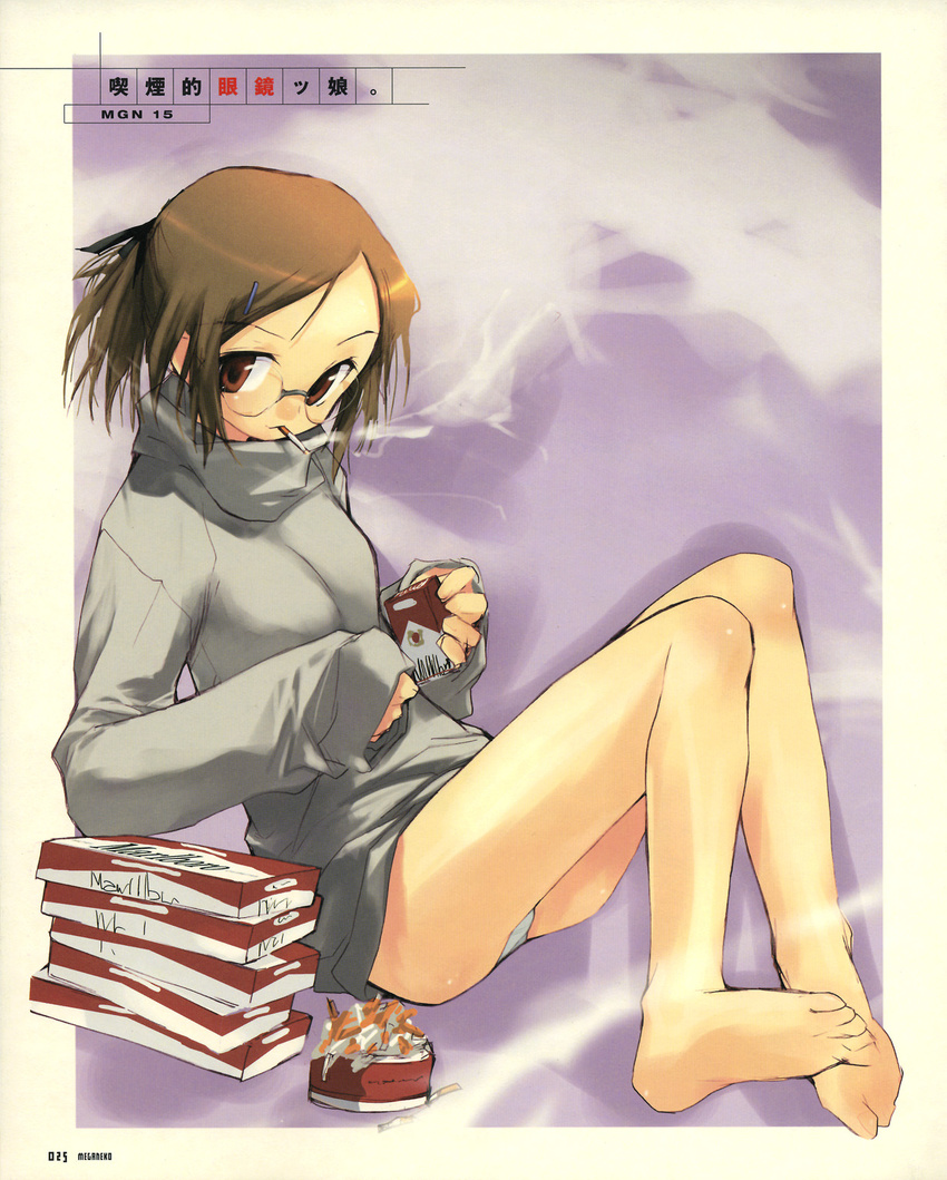 ashtray bangs bare_legs barefoot border brown_eyes brown_hair cigarette e=mc2_(mosimosi) feet full_body glasses grey_panties hair_ornament hairclip head_tilt highres holding legs long_sleeves looking_at_viewer looking_back maple_colors marlboro mouth_hold no_pants outside_border panties pantyshot pantyshot_(sitting) parted_bangs ponytail product_placement profile purple_background reclining sakanakura_yumi scan simple_background sitting sketch sleeves_past_wrists smoke smoking soles solo sweater underwear