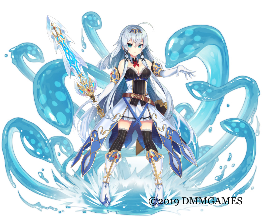 1girl 2019 ahoge aqua_eyes bare_shoulders belt black_legwear black_shirt boots breasts cleavage closed_mouth commentary_request detached_collar elbow_gloves full_body gemini_seed gloves hair_between_eyes hair_intakes hair_ornament headdress holding holding_sword holding_weapon knee_boots lace_trim legs_apart long_hair looking_at_viewer medium_breasts miniskirt official_art pleated_skirt sheath shirt sidelocks silver_hair skirt sleeveless solo standing strapless striped striped_legwear sword tahya tentacle thighhighs unsheathed very_long_hair waist_cape water watermark weapon white_background white_footwear white_gloves white_skirt x_hair_ornament zettai_ryouiki