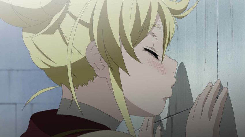 aeru against_wall blonde_hair blush close-up closed_eyes closed_mouth eyebrows_visible_through_hair face from_side hair_between_eyes hair_bun indoors kiss long_hair object_kiss pouty_lips screencap sidelocks simoun solo upper_body wall