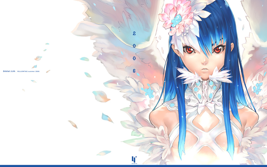 blue_hair copyright_request flower hakua_ugetsu long_hair red_eyes solo wallpaper wings