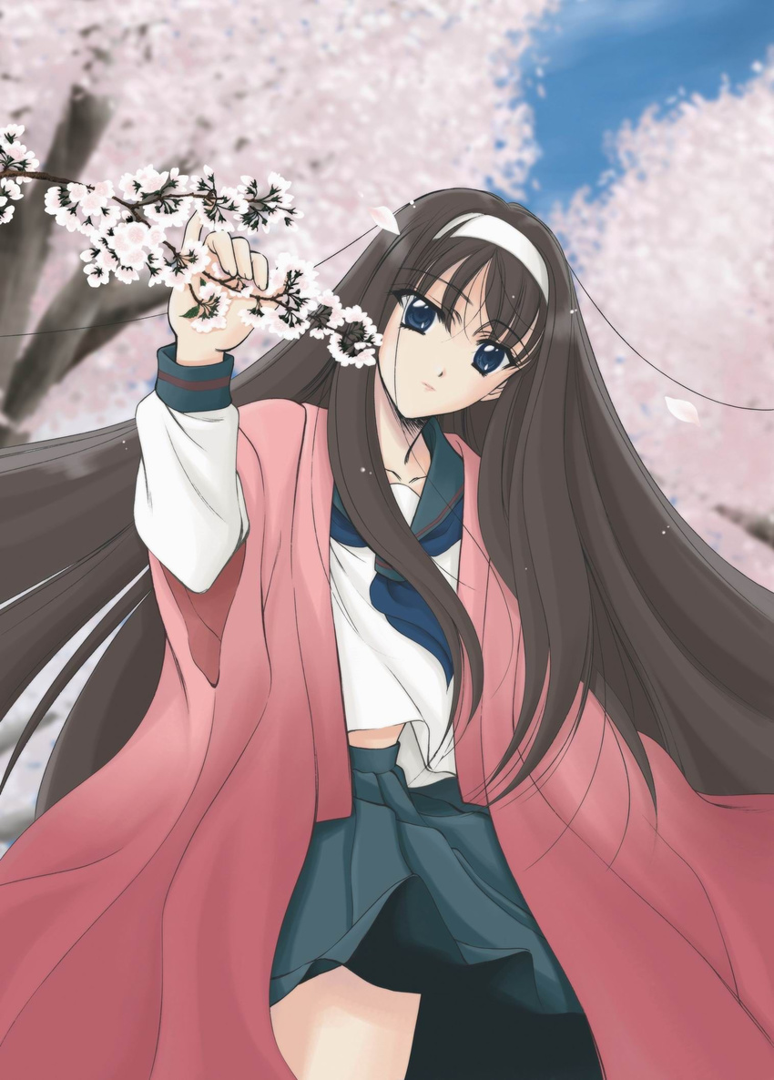 artist_request black_hair blue_eyes cherry_blossoms flower hairband highres long_hair long_sleeves midriff school_uniform serafuku solo toono_akiha tsukihime very_long_hair white_hairband