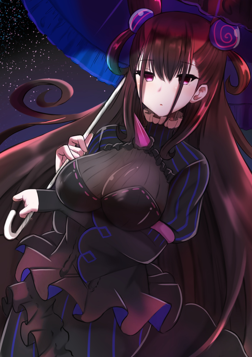 1girl absurdres arm_under_breasts bangs black_dress blue_umbrella breast_hold breasts brown_hair cleavage commentary_request dress dutch_angle eyebrows_visible_through_hair fate/grand_order fate_(series) frilled_umbrella frills hair_between_eyes hair_ornament highres holding holding_umbrella juliet_sleeves large_breasts long_hair long_sleeves looking_at_viewer murasaki_shikibu_(fate) parted_lips puffy_sleeves purple_eyes see-through shibakame sleeves_past_wrists solo striped two_side_up umbrella vertical-striped_dress vertical_stripes very_long_hair
