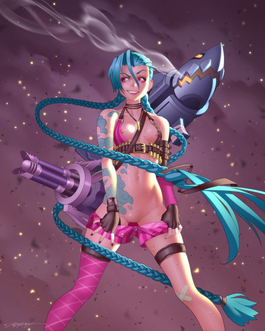 1girl absurdres bare_shoulders blue_hair braid breasts bullet embers erotibot fingerless_gloves gatling_gun gloves grin gun highres huge_filesize jewelry jinx_(league_of_legends) league_of_legends long_hair navel necklace nipple_slip nipples no_panties open_fly paid_reward patreon_reward pink_eyes pink_legwear pussy rocket_launcher shiny shiny_skin short_shorts shorts shorts_pull signature single_thighhigh skindentation small_breasts smile smoke solo steam sweat tape tattoo thighhighs twin_braids twintails uncensored very_long_hair weapon