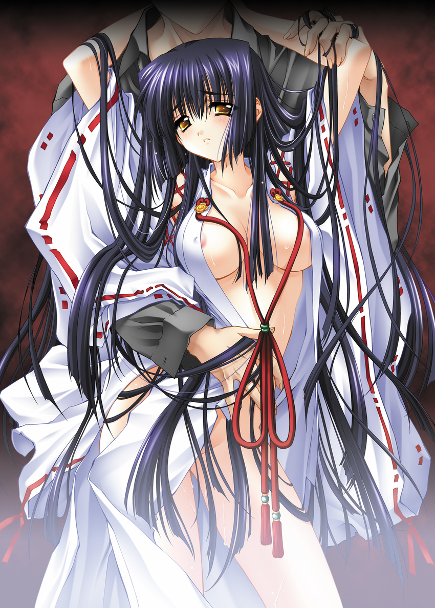 1girl absurdres breasts carnelian highres kao_no_nai_tsuki kuraki_suzuna large_breasts long_hair long_sleeves nipple_slip nipples ribbon solo_focus sweat very_long_hair