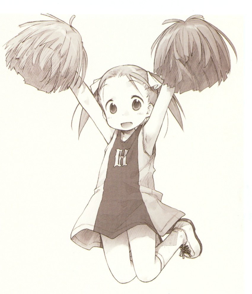 barasui brown cheerleader fang highres ichigo_mashimaro jumping matsuoka_miu monochrome non-web_source pom_poms ribbon solo twintails