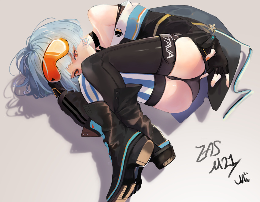 1girl absurdres bangs bare_shoulders blue_hair boots character_name choker collarbone dress earrings eyewear_on_head fingerless_gloves girls_frontline gloves goggles goggles_on_head highres jewelry korean_commentary looking_at_viewer lying mii_(0rnin) mismatched_legwear on_side orange_eyes short_hair signature simple_background solo striped striped_legwear thighhighs translation_request zas_m21_(girls_frontline)
