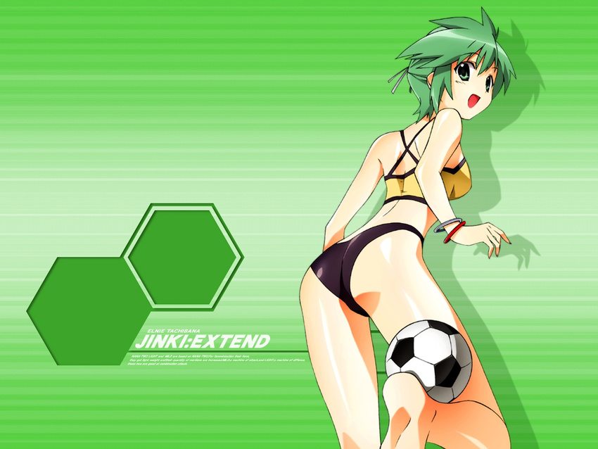 ass back ball bikini bracelet elnie_tachibana from_behind green_eyes green_hair highres jewelry jinki looking_back shadow short_hair soccer soccer_ball solo swimsuit telstar tsunashima_shirou wallpaper