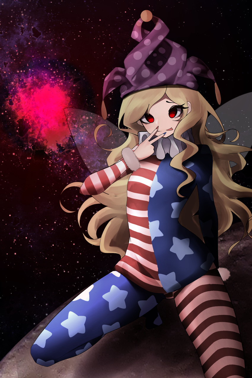 1girl :p absurdres american_flag american_flag_print arm_support asteroid blonde_hair blue_nails clownpiece collar fairy_wings fingers_to_mouth flag_print frilled_collar frills fur-trimmed_sleeves fur_trim hand_up hat highres inoshin_(inixia1748) jester_cap long_hair messy_hair mismatched_legwear multicolored multicolored_nails nail_polish polka_dot_hat print_legwear red_eyes red_nails solo space spread_legs squatting star star_(sky) star_print starry_background striped striped_legwear tongue tongue_out touhou transparent_wings very_long_hair wings