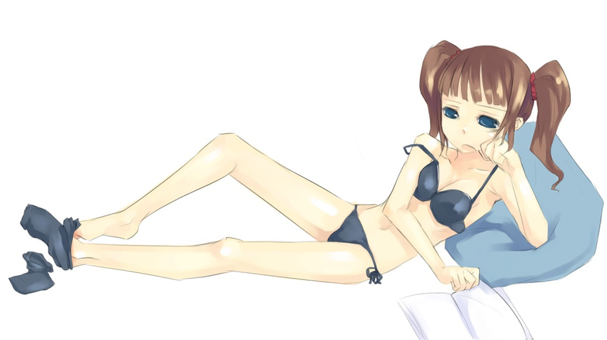 arm_support barefoot bikini blue_eyes brown_hair feet idolmaster idolmaster_(classic) idolmaster_1 legs lying mikage_sekizai pillow side-tie_bikini single_sock sock_dangle socks solo strap_slip swimsuit takatsuki_yayoi twintails