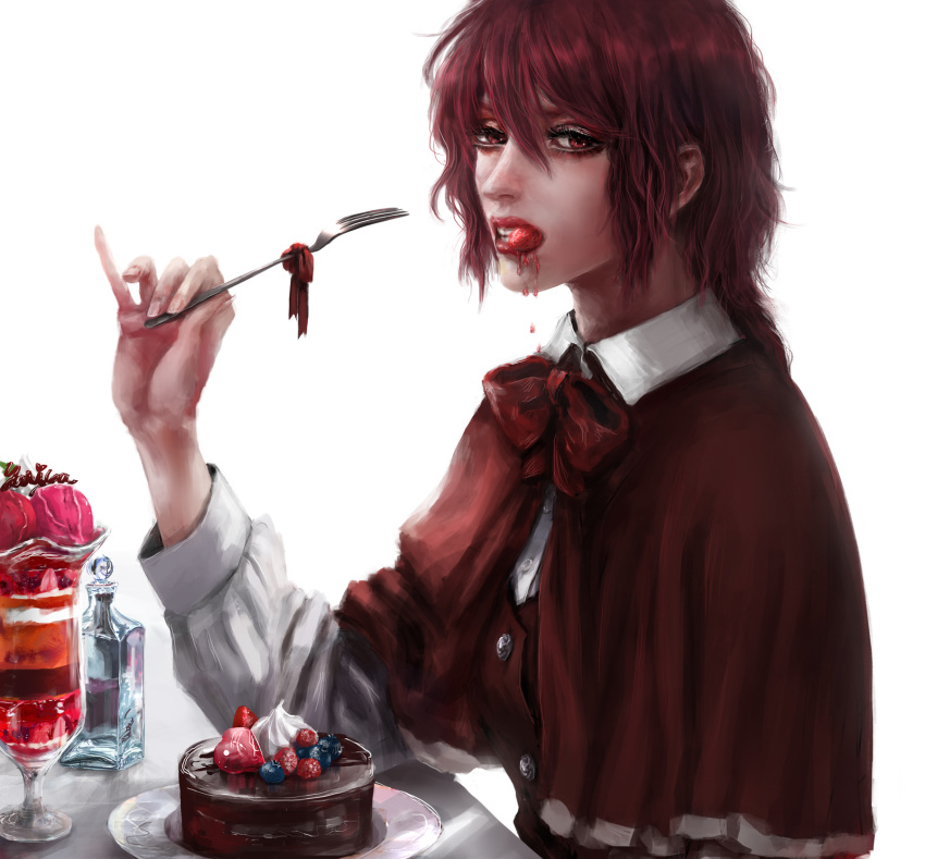 1girl blueberry bow bowtie buttons cake cape chocolate_cake dessert eating food food_in_mouth fruit highres long_sleeves looking_at_viewer medium_hair okazaki_yumemi raspberry realistic red_eyes red_hair saliva strawberry tagme touhou touhou_(pc-98) whipped_cream white_background yuriya_(riyuclock_19)