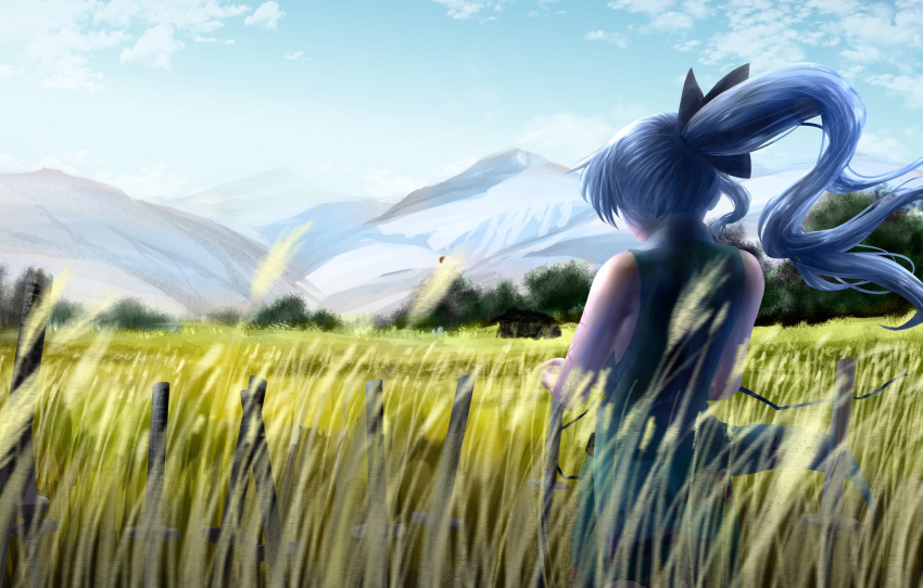 1girl alternate_costume alternate_hair_length alternate_hairstyle armpit_peek bare_arms bare_shoulders blue_sky cloud commentary_request cowboy_shot day facing_away from_behind green_skirt green_vest hair_blowing hair_ribbon highres kamui_(sujmda) katana konpaku_youmu long_hair mountain outdoors planted_sword planted_weapon ponytail ribbon scenery silver_hair skirt sky solo standing sword tall_grass touhou very_long_hair vest weapon wind