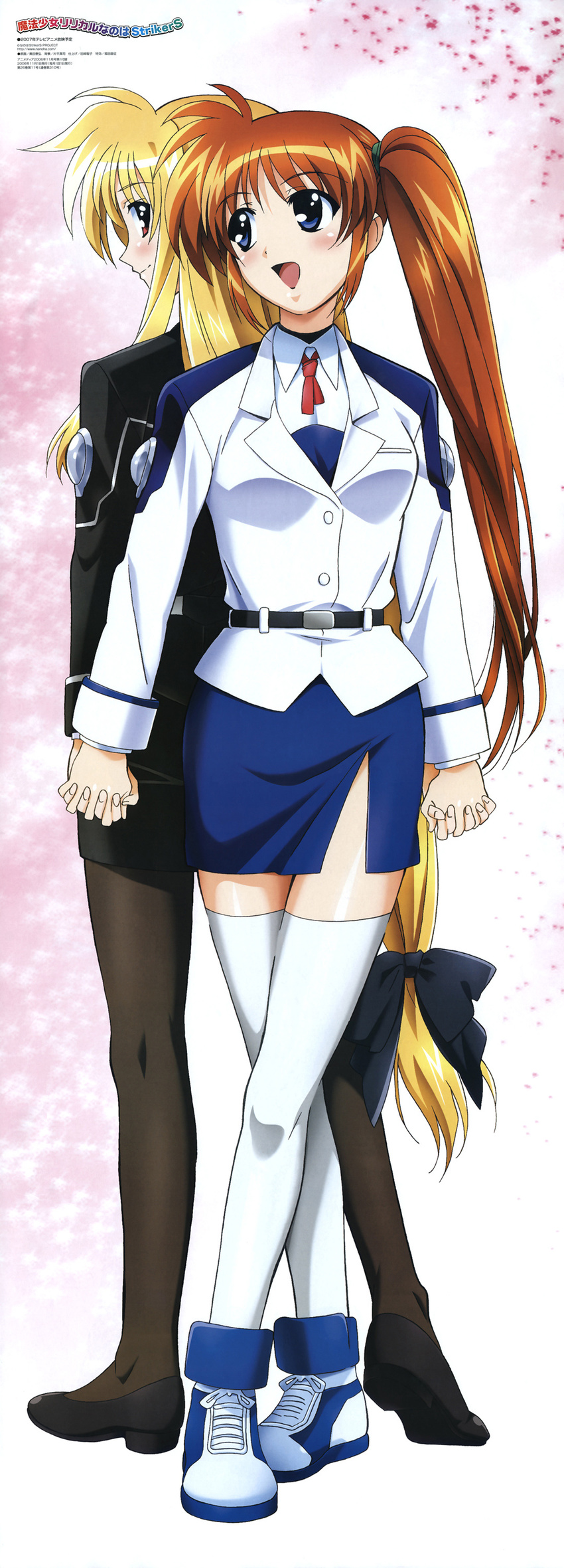 absurdres blonde_hair blush brown_hair fate_testarossa hairband highres long_hair long_sleeves low-tied_long_hair lyrical_nanoha mahou_shoujo_lyrical_nanoha_strikers military military_uniform multiple_girls okuda_yasuhiro pantyhose purple_eyes red_eyes takamachi_nanoha thighhighs tsab_air_military_uniform tsab_executive_military_uniform uniform very_long_hair