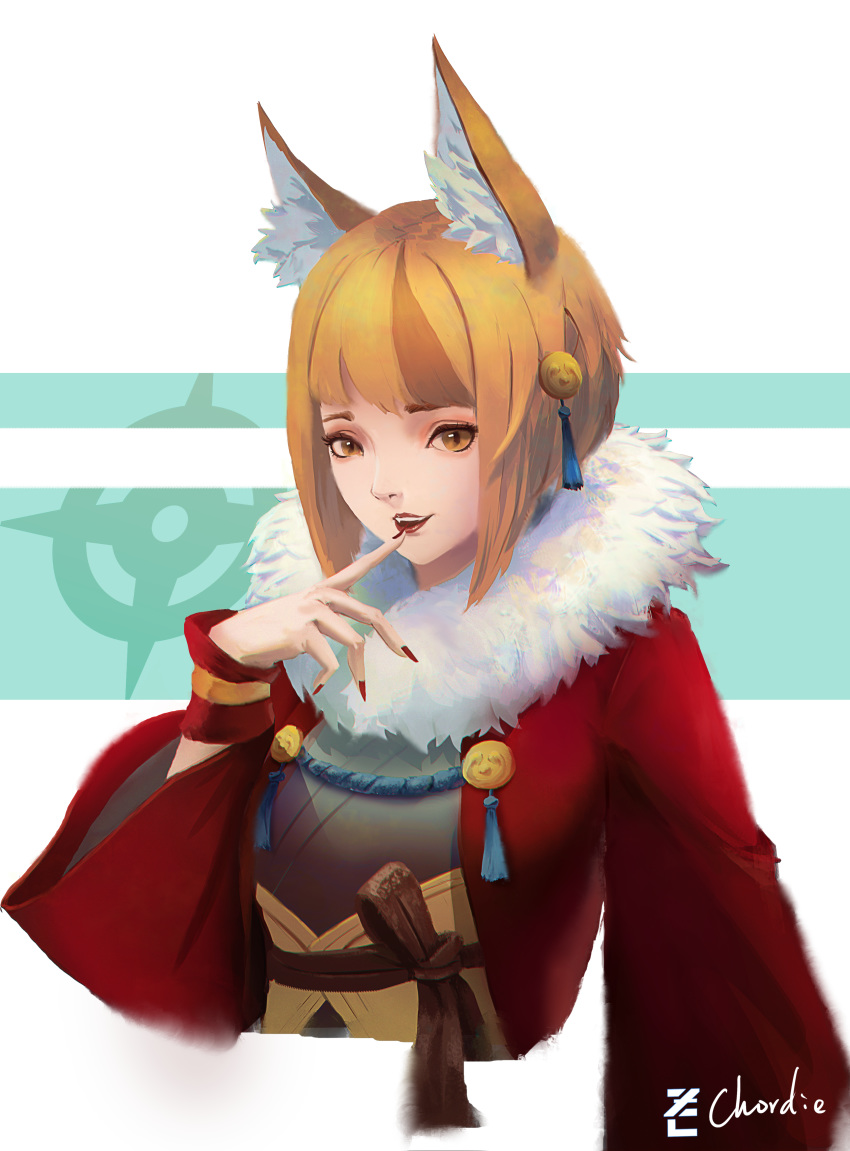 1girl absurdres accessories animal_ears bangs belt blonde_hair corset finger_to_mouth fire_emblem fire_emblem_if fox_ears foxeyes fur_collar fur_trim hair_ornament highres huge_filesize kinu_(fire_emblem_if) light_smile lips long_sleeves looking_at_viewer multicolored_hair nintendo open_mouth short_hair simple_background smile solo teeth upper_body yellow_eyes zc_chordie