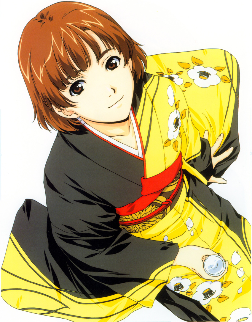 absurdres alcohol arm_support bangs brown_eyes brown_hair choko_(cup) closed_mouth collarbone cowboy_shot cup flat_chest floral_print from_above highres holding holding_cup horibe_hiderou japanese_clothes kimono long_sleeves looking_at_viewer looking_up obi original sake sash short_hair simple_background sitting smile solo white_background wide_sleeves