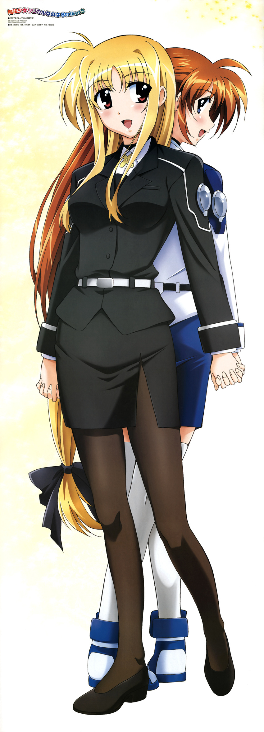 absurdres blonde_hair brown_hair fate_testarossa highres long_hair long_sleeves low-tied_long_hair lyrical_nanoha mahou_shoujo_lyrical_nanoha_strikers military military_uniform multiple_girls okuda_yasuhiro pantyhose purple_eyes red_eyes takamachi_nanoha thighhighs tsab_air_military_uniform tsab_executive_military_uniform uniform very_long_hair