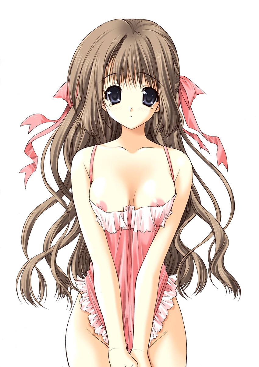 breasts copyright_request dress dress_pull highres long_hair medium_breasts nipple_slip nipples no_panties pink_dress ribbon solo suzuhira_hiro tears