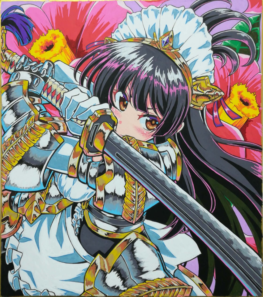 1girl apron armored_skirt black_hair blush brown_eyes floral_background gauntlets gloves highres holding holding_sword holding_weapon long_hair looking_at_viewer maid_apron maid_headdress marika_(sennen_sensou_aigis) sennen_sensou_aigis solo soune1000 standing sword traditional_media weapon white_gloves
