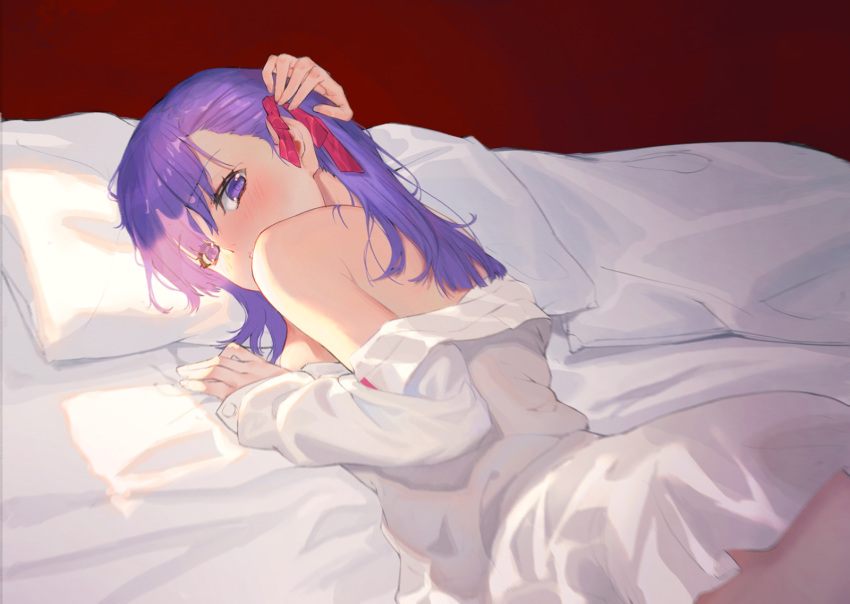 1girl bare_shoulders blush commentary_request eyebrows_visible_through_hair fate/stay_night fate_(series) hair_between_eyes hair_ribbon highres kumo_ryuun long_hair looking_at_viewer lying matou_sakura off_shoulder on_stomach purple_eyes purple_hair red_ribbon ribbon shirt
