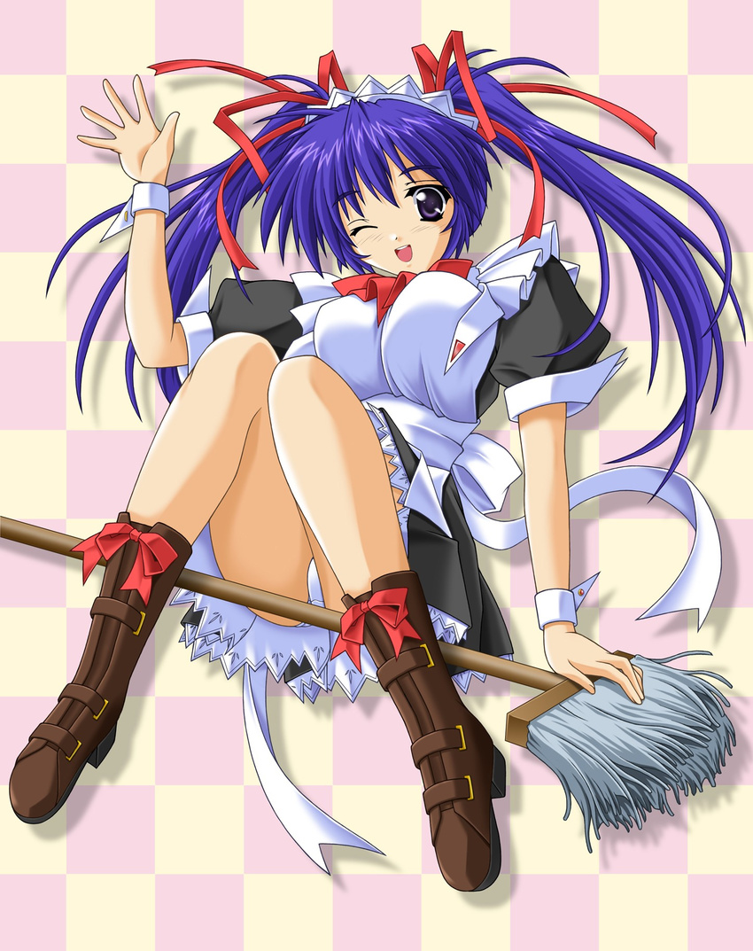 artist_request blue_hair broom broom_riding checkered checkered_background copyright_request highres maid mop panties pantyshot pantyshot_(sitting) ribbon sidesaddle sitting solo underwear white_panties