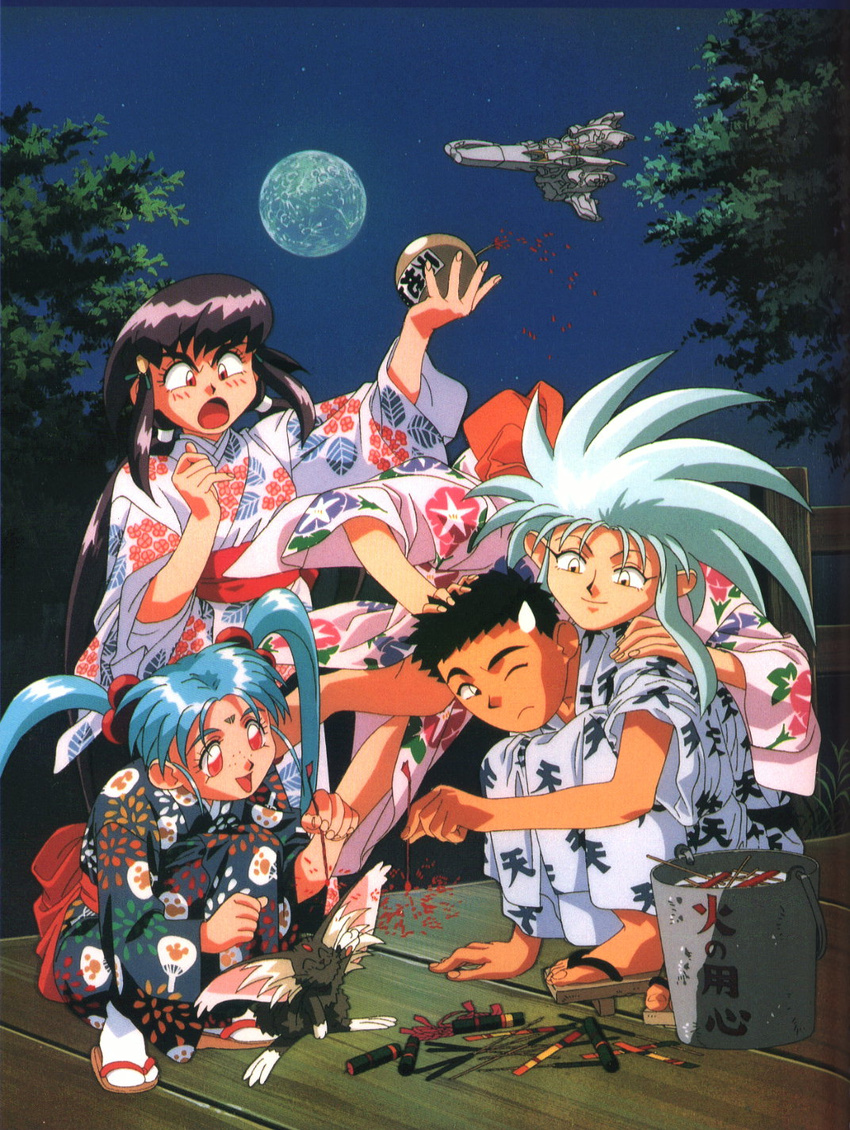 3girls 90s aerial_fireworks artist_request black_hair blue_hair bomb cabbit facial_mark fireworks forehead_mark freckles highres japanese_clothes kimono long_sleeves masaki_aeka_jurai masaki_sasami_jurai masaki_tenchi moon multiple_girls pink_eyes purple_hair red_eyes ryou-ouki ryouko_(tenchi_muyou!) space_craft spiked_hair sweatdrop tenchi_muyou! twintails yellow_eyes