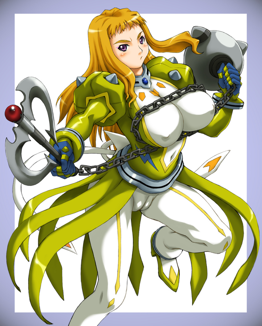 armor blonde_hair breasts cameltoe chain covered_nipples gegera haruka_armitage highres huge_breasts long_hair my-otome solo weapon