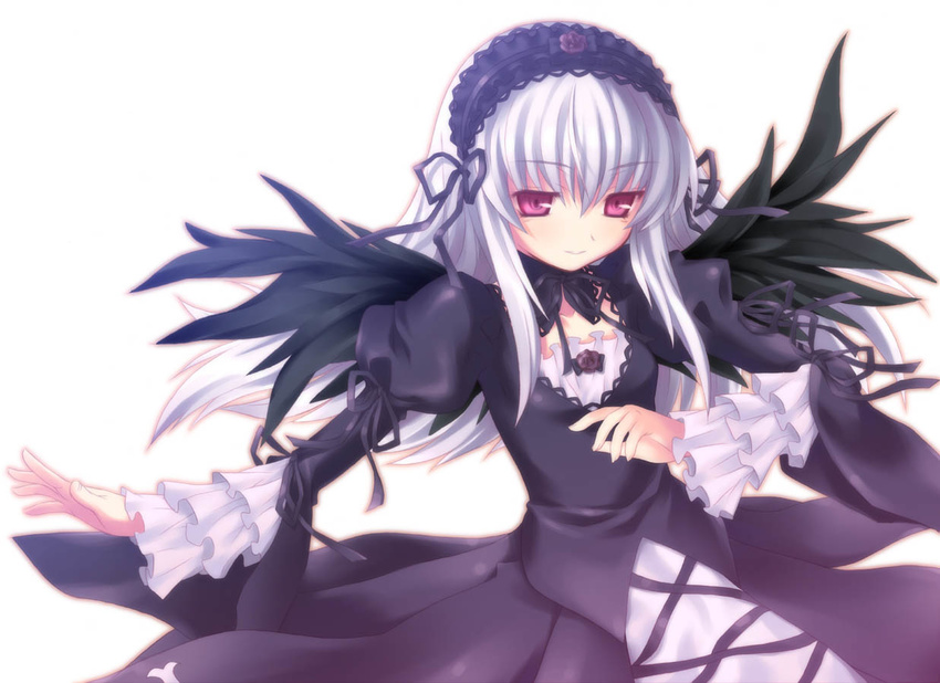 aoi_kumiko dress frills hairband long_hair long_sleeves pink_eyes rozen_maiden silver_hair solo suigintou wings